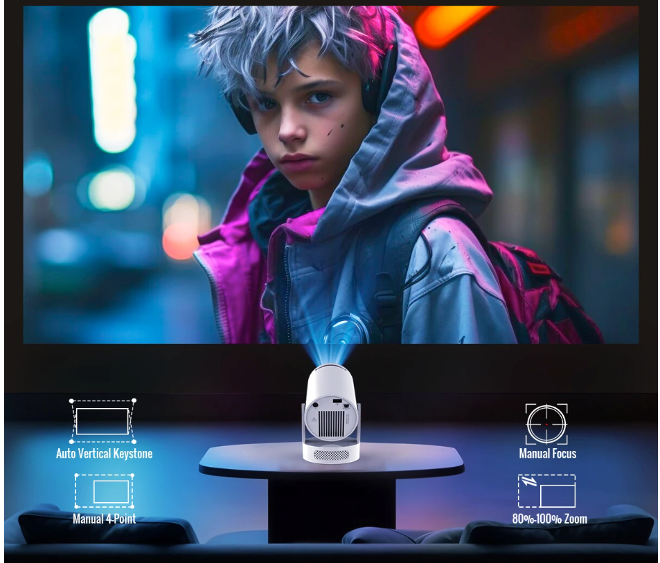 Draagbare 720P Projector – 8K Ondersteuning, Wifi 6, Bluetooth 5.4 en Android 14 Home Cinema