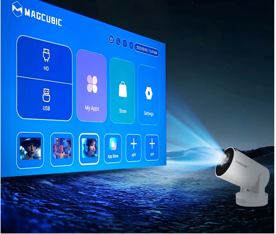 Draagbare 720P Projector – 8K Ondersteuning, Wifi 6, Bluetooth 5.4 en Android 14 Home Cinema