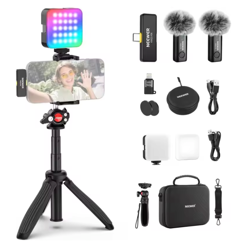 Complete Vlogging Kit met RGB LED, Draadloze Microfoon en Statief – Content Creator Set voor Smartphone