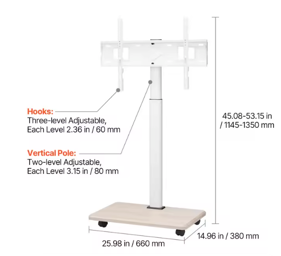 Mobiele TV Standaard met Wielen – Verstelbare TV Vloerstandaard voor Woonkamer, Slaapkamer en Kantoor