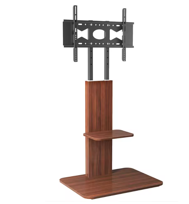 Verstelbare TV Vloerstandaard met Houten Planken – Heavy Duty TV Standaard voor 32–65 Inch