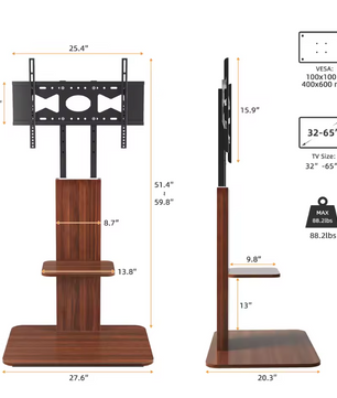 Verstelbare TV Vloerstandaard met Houten Planken – Heavy Duty TV Standaard voor 32–65 Inch