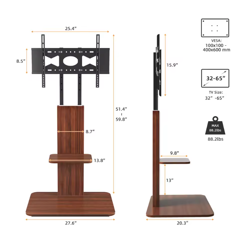 Verstelbare TV Vloerstandaard met Houten Planken – Heavy Duty TV Standaard voor 32–65 Inch