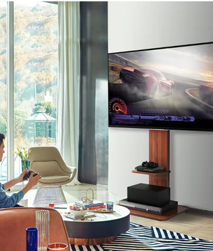 Verstelbare TV Vloerstandaard met Houten Planken – Heavy Duty TV Standaard voor 32–65 Inch