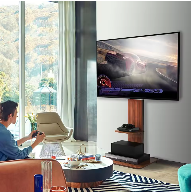 Verstelbare TV Vloerstandaard met Houten Planken – Heavy Duty TV Standaard voor 32–65 Inch
