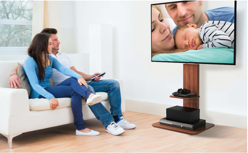 Verstelbare TV Vloerstandaard met Houten Planken – Heavy Duty TV Standaard voor 32–65 Inch