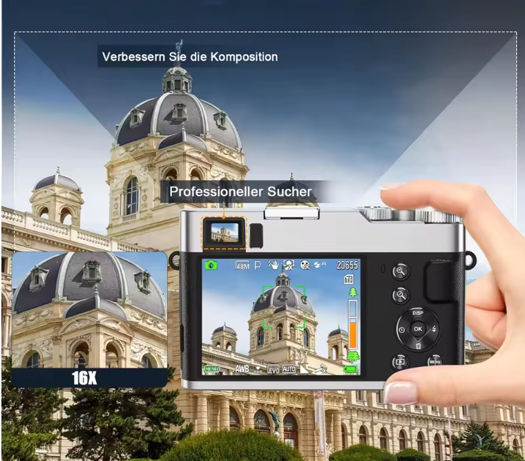 Digitale Camera 4K 48MP – 16X Zoom, Autofocus en Viewfinder met 32GB Kaart