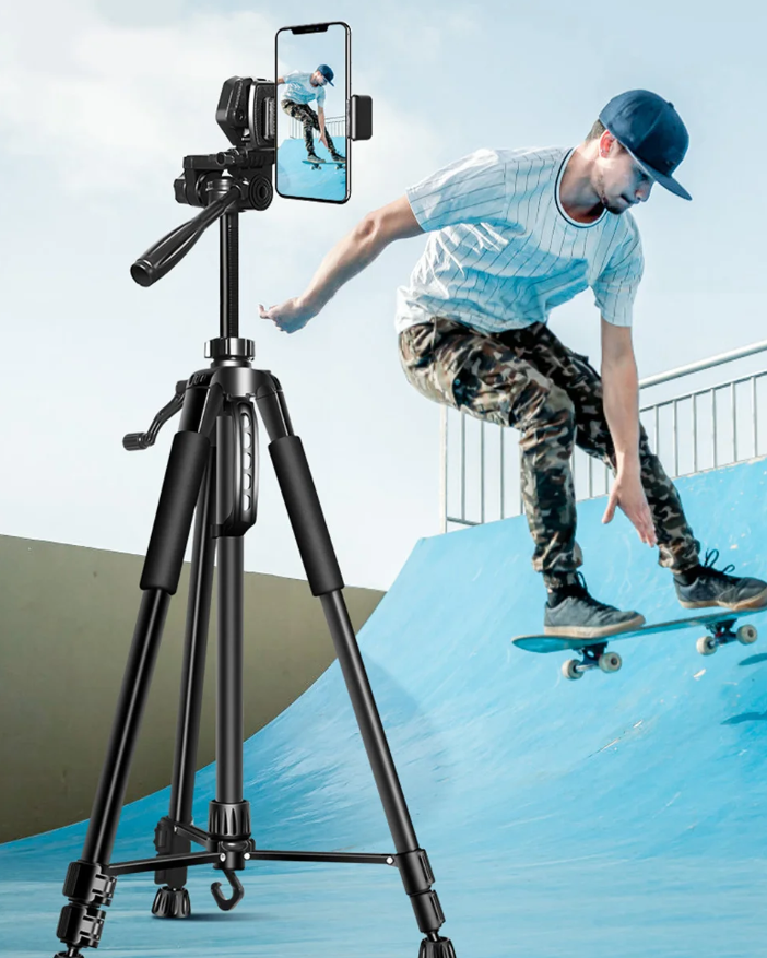 Telefoon en Camera Statief 140 cm – Aluminium Tripod met Pan Head en Quick Release Plaat, Verstelbaar en Lichtgewicht