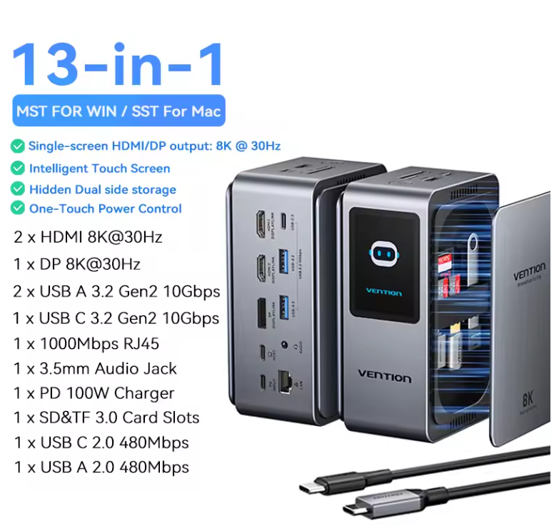 13-in-1 USB-C Docking Station – 8K Hub met Multi-Monitor, Ethernet en Snellaadfunctie