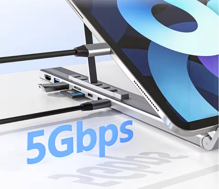 8-in-1 Laptop Standaard met USB-C Hub – Verstelbaar, 4K HDMI en Snellaadfunctie