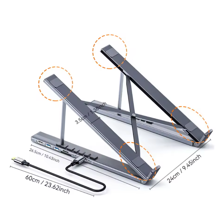 8-in-1 Laptop Standaard met USB-C Hub – Verstelbaar, 4K HDMI en Snellaadfunctie