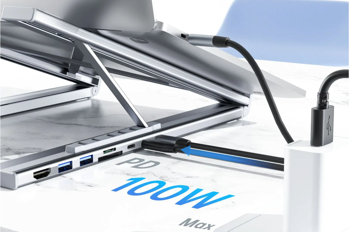 8-in-1 Laptop Standaard met USB-C Hub – Verstelbaar, 4K HDMI en Snellaadfunctie