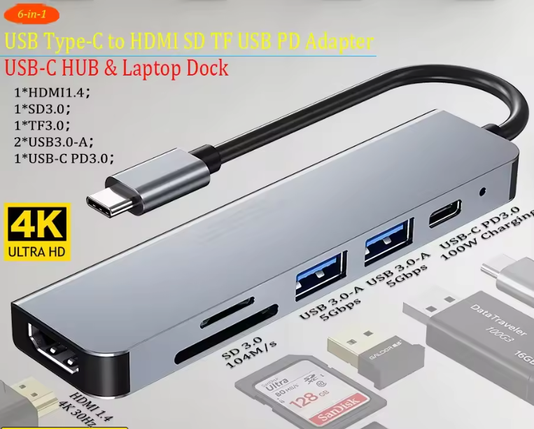6-in-1 USB-C Hub – 4K HDMI, SD/TF Kaartlezer en Power Delivery Adapter