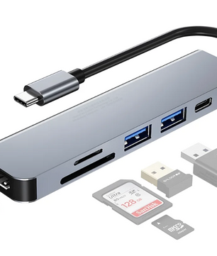6-in-1 USB-C Hub – 4K HDMI, SD/TF Kaartlezer en Power Delivery Adapter