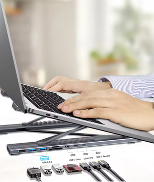 8-in-1 Laptop Standaard met USB-C Hub – Verstelbaar Docking Station met PD 100W en Kaartlezer