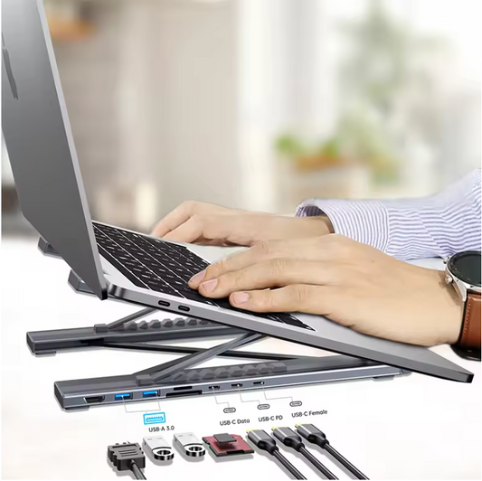 8-in-1 Laptop Standaard met USB-C Hub – Verstelbaar Docking Station met PD 100W en Kaartlezer