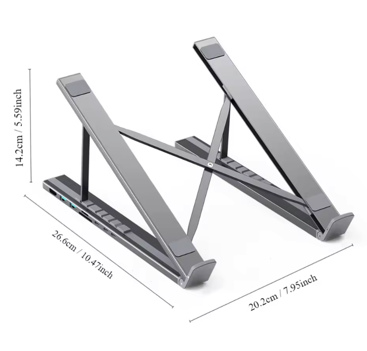 8-in-1 Laptop Standaard met USB-C Hub – Verstelbaar Docking Station met PD 100W en Kaartlezer