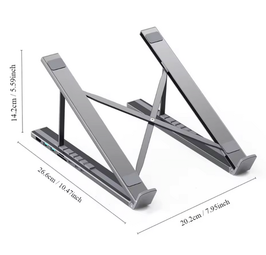 8-in-1 Laptop Standaard met USB-C Hub – Verstelbaar Docking Station met PD 100W en Kaartlezer