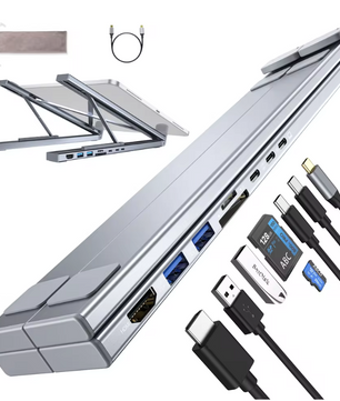 8-in-1 Laptop Standaard met USB-C Hub – Verstelbaar Docking Station met PD 100W en Kaartlezer