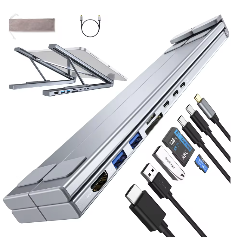 8-in-1 Laptop Standaard met USB-C Hub – Verstelbaar Docking Station met PD 100W en Kaartlezer