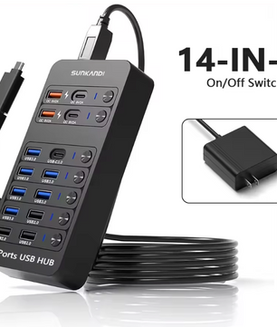 14-in-1 USB Hub met Voeding – USB 3.0/2.0 Data Hub met Individuele Schakelaars en LED