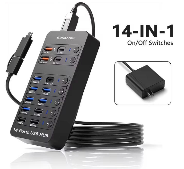 14-in-1 USB Hub met Voeding – USB 3.0/2.0 Data Hub met Individuele Schakelaars en LED