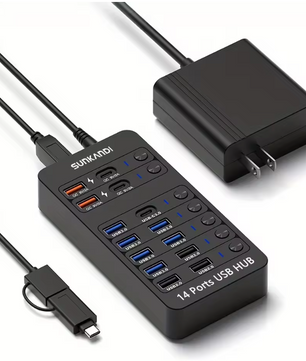 14-in-1 USB Hub met Voeding – USB 3.0/2.0 Data Hub met Individuele Schakelaars en LED