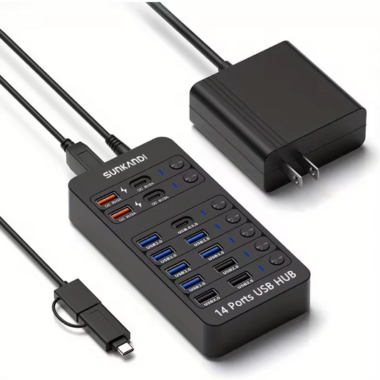 14-in-1 USB Hub met Voeding – USB 3.0/2.0 Data Hub met Individuele Schakelaars en LED