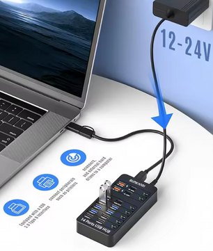 14-in-1 USB Hub met Voeding – USB 3.0/2.0 Data Hub met Individuele Schakelaars en LED