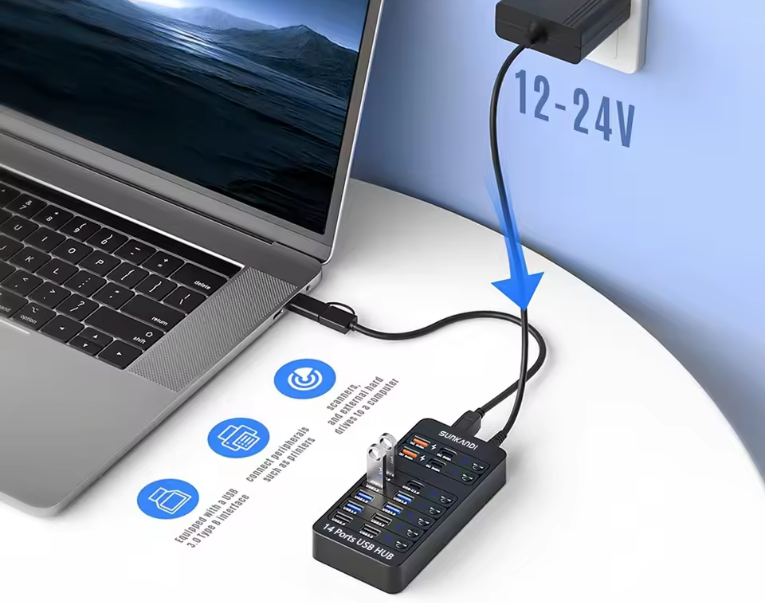 14-in-1 USB Hub met Voeding – USB 3.0/2.0 Data Hub met Individuele Schakelaars en LED