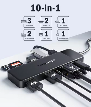 10-in-1 USB-C Hub – Dual HDMI 4K, VGA, USB 3.0 en 100W Power Delivery
