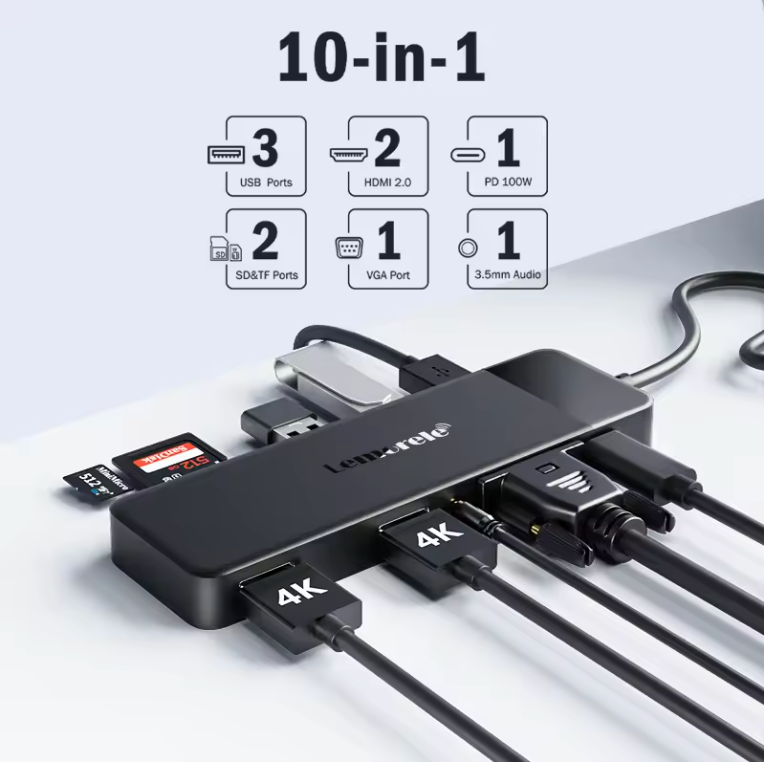 10-in-1 USB-C Hub – Dual HDMI 4K, VGA, USB 3.0 en 100W Power Delivery