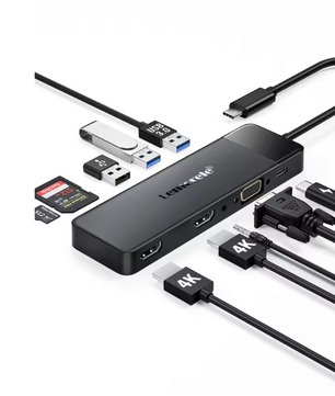 10-in-1 USB-C Hub – Dual HDMI 4K, VGA, USB 3.0 en 100W Power Delivery