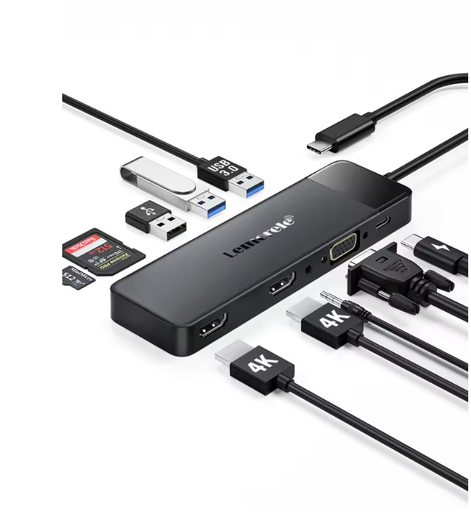 10-in-1 USB-C Hub – Dual HDMI 4K, VGA, USB 3.0 en 100W Power Delivery