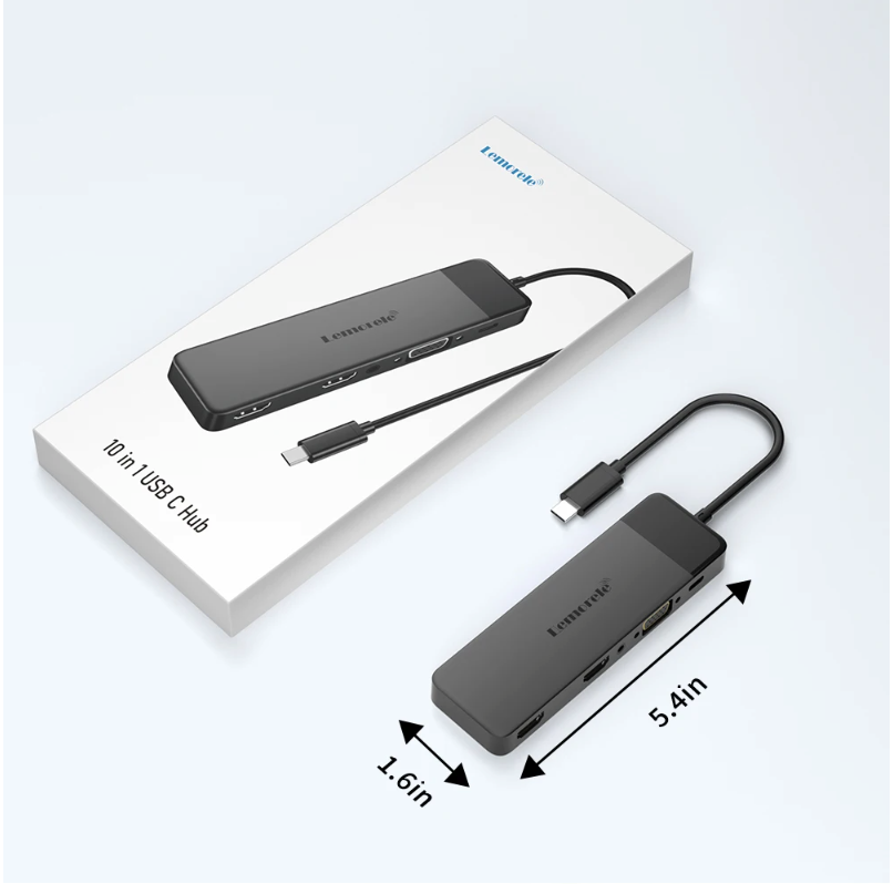 10-in-1 USB-C Hub – Dual HDMI 4K, VGA, USB 3.0 en 100W Power Delivery