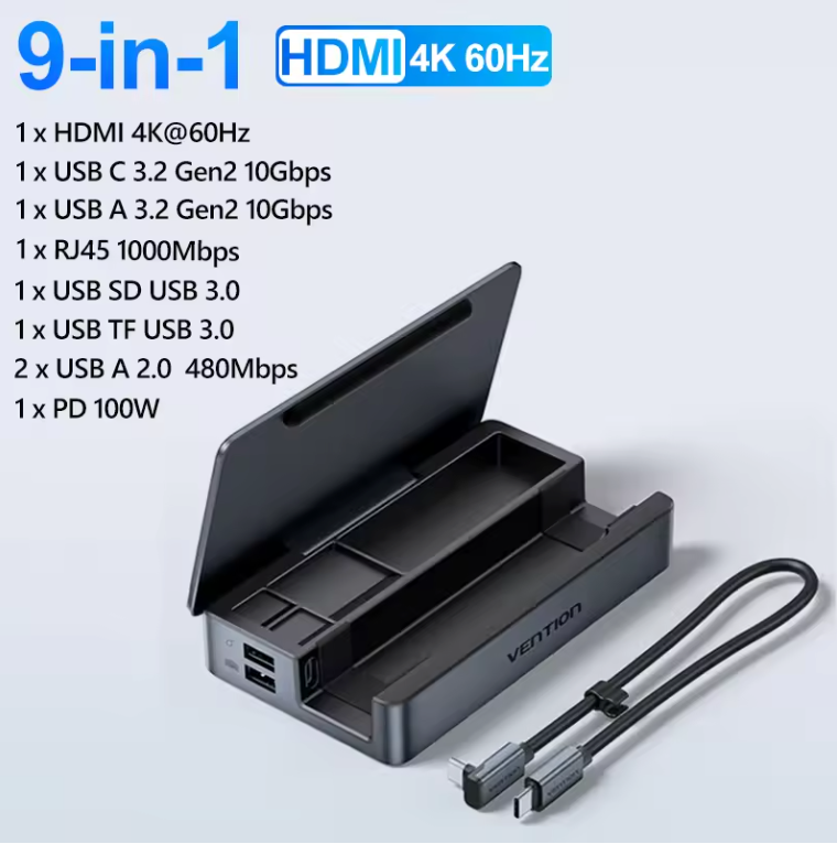 9-in-1 USB-C Docking Station – 4K HDMI, Ethernet, USB 3.2 en SD/TF Hub