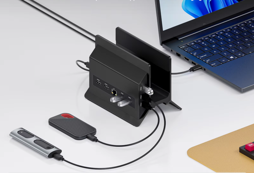11-in-1 USB-C Docking Station met 2x HDMI 4K – Verticale Laptop Stand met Ethernet en Snellaadfunctie