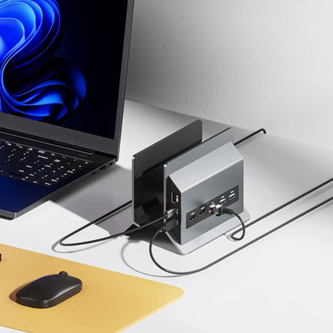 11-in-1 USB-C Docking Station met 2x HDMI 4K – Verticale Laptop Stand met Ethernet en Snellaadfunctie