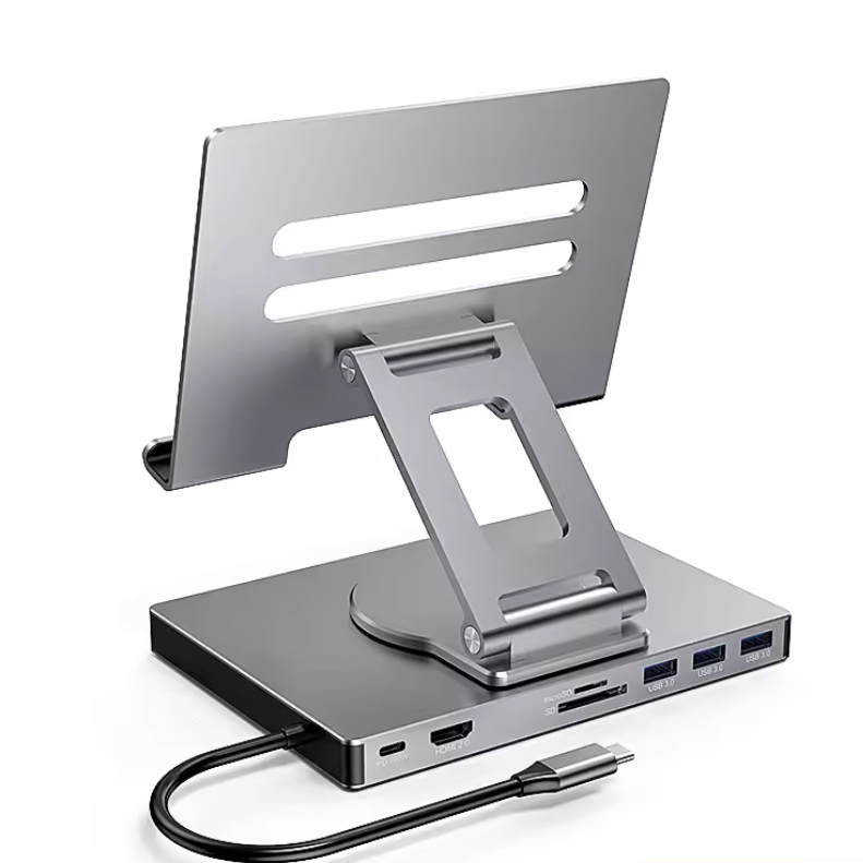 9-in-1 USB-C Hub met Tablet Standaard – 4K HDMI, 100W PD, SD/TF en 360° Draaibaar