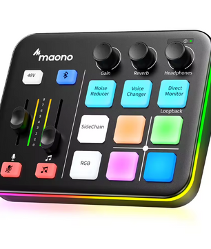 Gaming Audio Mixer met XLR Interface en RGB – Streaming Geluidskaart met Sound Effects en Bluetooth