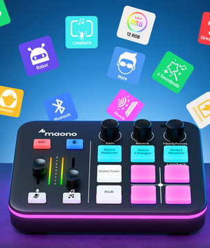Gaming Audio Mixer met XLR Interface en RGB – Streaming Geluidskaart met Sound Effects en Bluetooth