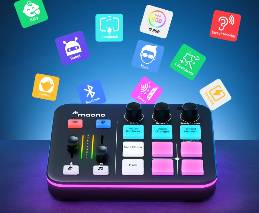 Gaming Audio Mixer met XLR Interface en RGB – Streaming Geluidskaart met Sound Effects en Bluetooth