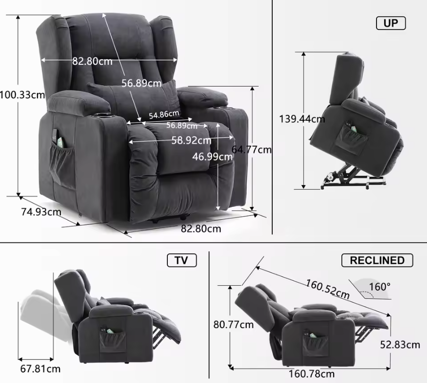Elektrische Relaxstoel met Sta-op Hulp en Massage – Verstelbare TV Fauteuil met Voetsteun en Opbergruimte
