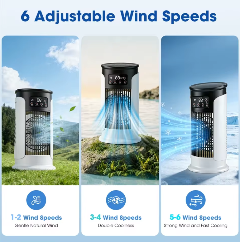 3-in-1 Draagbare Luchtkoeler met Luchtbevochtiger – 6 Snelheden, Vernevelingsfunctie, Timer en 7-Kleuren LED-Verlichting