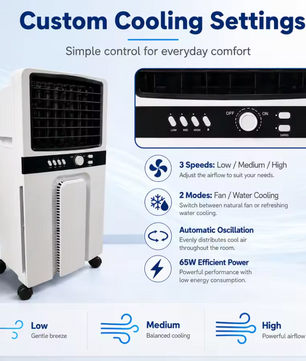 Draagbare Airco en Luchtkoeler 6 L – 65 W Verdampingskoeler met 3 Snelheden, Oscillatiefunctie en Wielen
