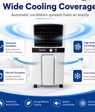Draagbare Airco en Luchtkoeler 6 L – 65 W Verdampingskoeler met 3 Snelheden, Oscillatiefunctie en Wielen