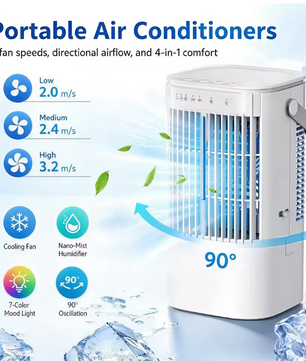 Draagbare Mini Airco en Luchtkoeler 900 ml – 3 Snelheden, Verneveling, 90° Oscillatie en 7-Kleuren Nachtlampje