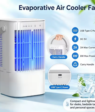 Draagbare Mini Airco en Luchtkoeler 900 ml – 3 Snelheden, Verneveling, 90° Oscillatie en 7-Kleuren Nachtlampje