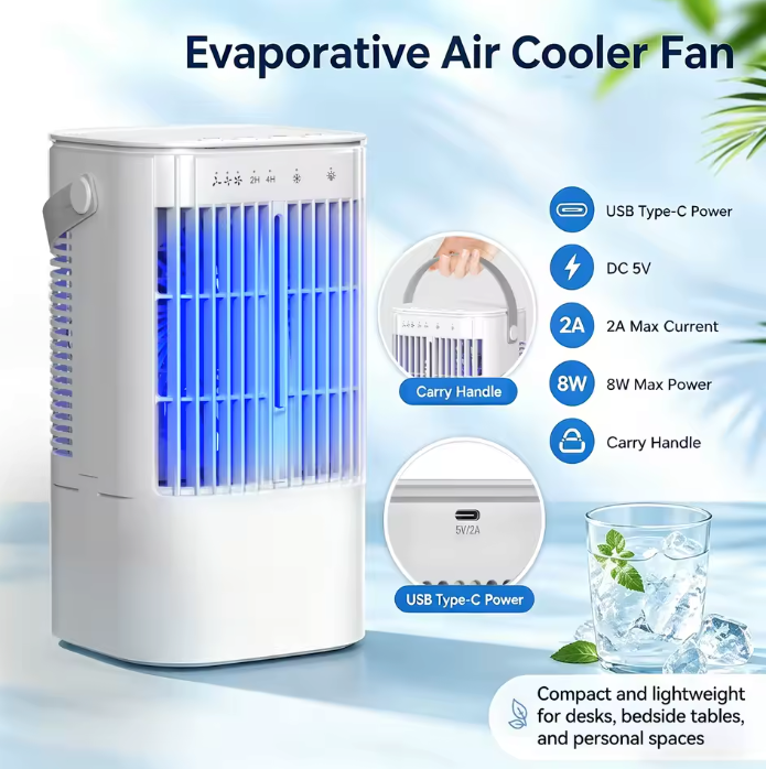 Draagbare Mini Airco en Luchtkoeler 900 ml – 3 Snelheden, Verneveling, 90° Oscillatie en 7-Kleuren Nachtlampje