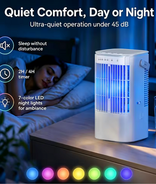 Draagbare Mini Airco en Luchtkoeler 900 ml – 3 Snelheden, Verneveling, 90° Oscillatie en 7-Kleuren Nachtlampje